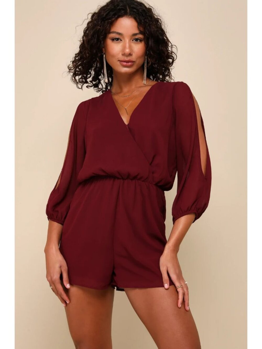Lulus Romper Womens Medium Luck & Love Burgundy 3/4 Slit Sleeves Surplice Neck*